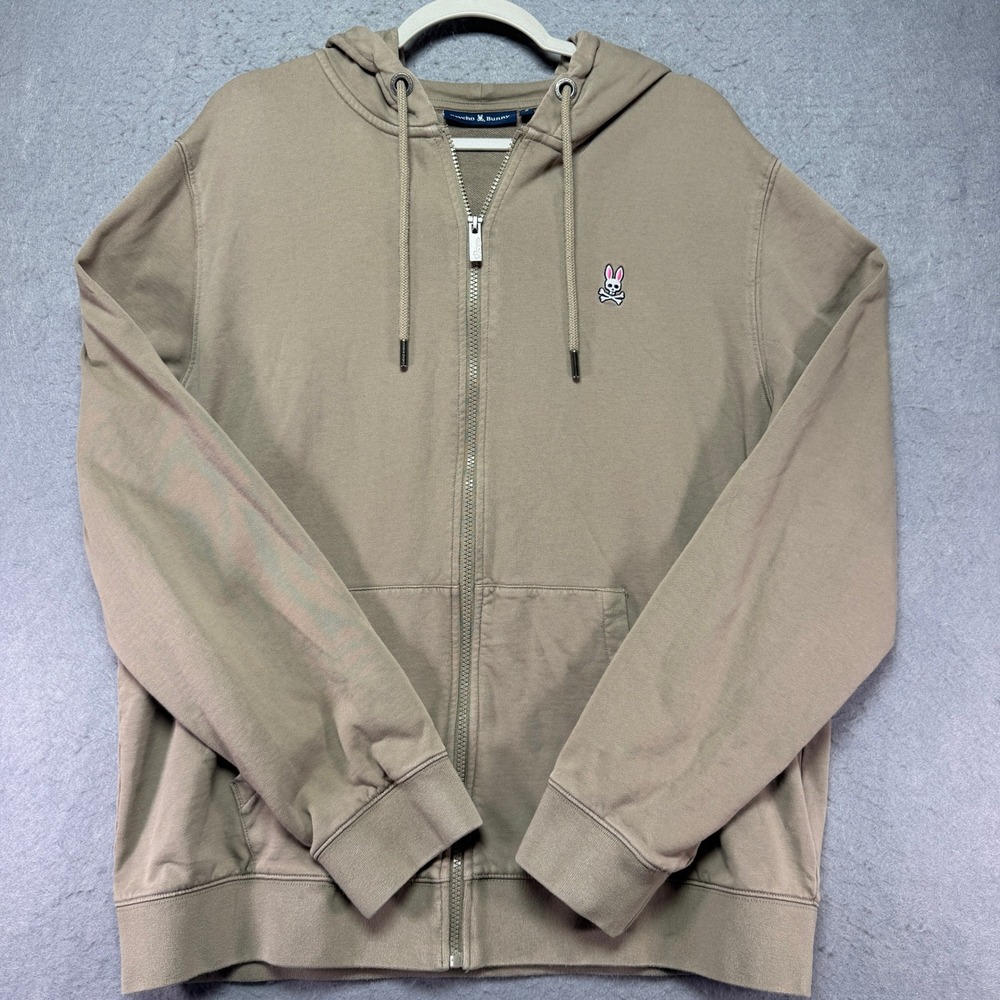 Psycho Bunny Mens XL Full Zip Hoodie Khaki Tan French Terry Logo Sweatshirt
